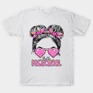 Kids Hello Preschool Messy Bun Girls Pre-k Back To School T-Shirt